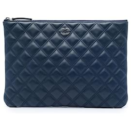 Chanel Blue Medium Quilted Lambskin Double Stitch O Case Clutch