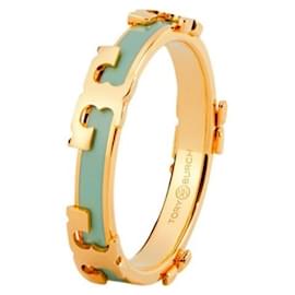Tory Burch T Logo Ring in Gold und Aqua Emaille