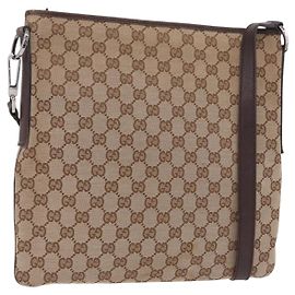 Borsa a Spalla GUCCI GG Canvas Beige Argento 113013 Auth 186678