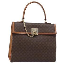 Céline Borsa CELINE Macadam Canvas PVC Pelle Marrone Oro Auth mr2642