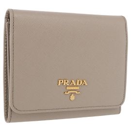 Cartera compacta PRADA de piel Safiano gris y oro Auth 191383V
