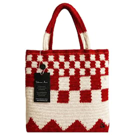 Autre Marque Catarina Mina Borsa Tote in Crochet a Quadretti Rosso e Bianco