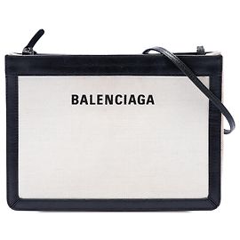 Pochette M Balenciaga in tela bianca e blu navy con tracolla