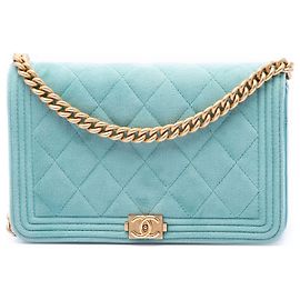 Chanel Blue Quilted Velvet Boy Wallet On Chain