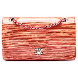 Chanel Orange Medium Classic Patent Striped Double Flap