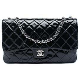 Chanel Blue Jumbo Quilted Patent 3 Compartment Flap