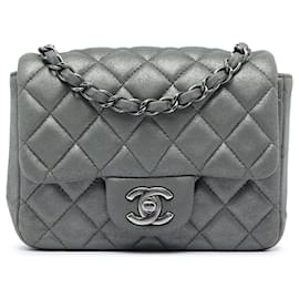 Chanel Gray Mini Square Classic Metallic Lambskin Single Flap