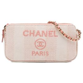 Chanel Pink Raffia Deauville Double Zip Clutch with Chain
