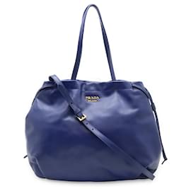 Borsa tote/a tracolla in pelle blu Prada