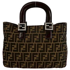 Borsa a mano in pelle e tela con logo FF Fendi