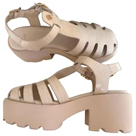 Maje Sandali Platform in Pelle Color Crema Effetto Coccodrillo