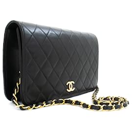 CHANEL Full Flap Chain Schultertasche Clutch Schwarz gestepptes Lammleder