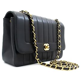 CHANEL Borsa a tracolla Single Flap con catena a righe nera trapuntata