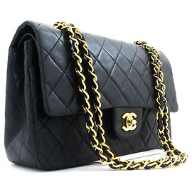 CHANEL Classic Double Flap 10" Chain Shoulder Bag Black Lambskin