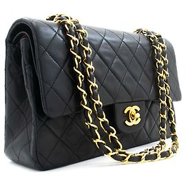 CHANEL Classic Double Flap 10" Chain Shoulder Bag Black Lambskin