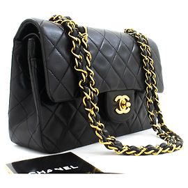 CHANEL Classic Double Flap 9" Chain Shoulder Bag Black Lambskin