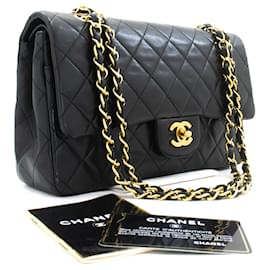 CHANEL Classic Double Flap 10" Chain Shoulder Bag Black Lambskin