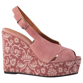 Autre Marque Castañer Pink Suede Espadrille Wedge Sandals with Floral