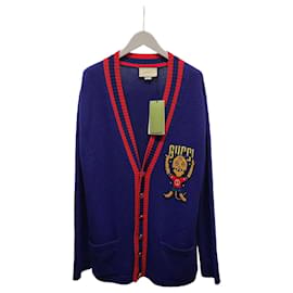 Marineblauer Cardigan mit Intarsia-Katzenlogo-Stickerei - Gucci