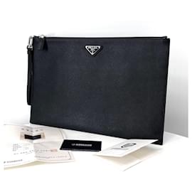 Prada Clutch Saffiano Triangle Logo Black