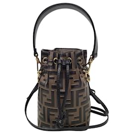 Fendi Mini borsa a secchiello Montrezor in pelle marrone con logo FF
