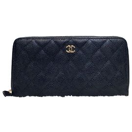 Chanel Caviar Classic Zip Long Wallet Black Gold
