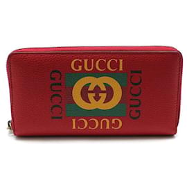 Gucci Unbenutztes langes Reißverschluss-Portemonnaie aus rotem Leder mit Logo-Print