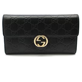 Gucci Langer schwarzer Geldbeutel Sima Sima Signature Gold Interlocking