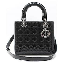 Borsa a tracolla Lady Medium in vernice nera cannage argento - Dior
