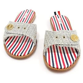 Mule e pantofola da donna in tweed grigio con bottoni ad ancora - Thom Browne