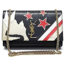 Saint Laurent Borsa a tracolla Kate Small in pelle di vitello nera con patchwork e catena dorata Rockstar