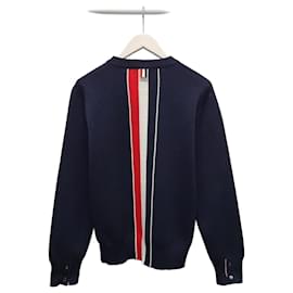 Rundgestrickter Navy-Pullover mit Intarsia-Streifen auf dem Rücken - Thom Browne