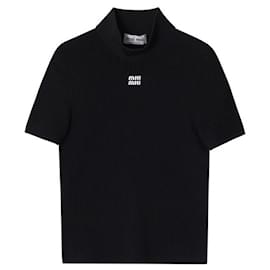 Maglia a collo alto a maniche corte con logo Intarsia da donna - Miu Miu