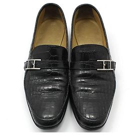 Hermès Mocassino in alligatore e coccodrillo nero con logo argento
