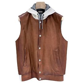 Brunello Cucinelli Gilet con cappuccio in pelle marrone