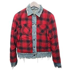 Amiri Chaqueta reversible de franela a cuadros rojos y denim desgastado