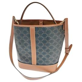Céline Borsa a secchiello media in tela Triomphe e pelle di vitello marrone, borsa a tracolla