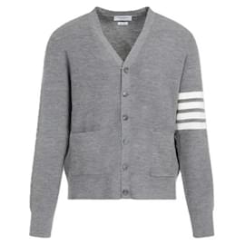 Cardigan con scollo a V alto in pregiata lana merino a nido d'ape con strisce Four-Bar - Thom Browne
