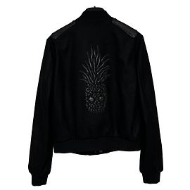 Saint Laurent Giacca bomber in lana con inserti in pelle e ricamo a motivo ananas