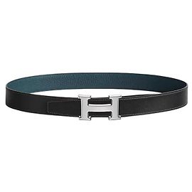 Hermès Reversibler Herrenledergürtel mit Schnalle Silver Noir Bleu