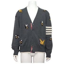 Thom Browne Bird and Bee Cardigan aus grauer Merinowolle