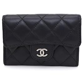 Chanel Klassisches CC Kartenetui aus schwarzem Lammleder und Silber