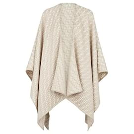 FF Logo Wool Silk Women's Poncho Beige - Fendi