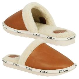 Mocassini in pelliccia con bordo logo Woody Camel Brown - Chloé