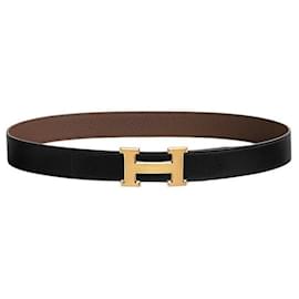 Hermès Cintura reversibile da uomo in pelle nera e cioccolato con fibbia opaca dorata