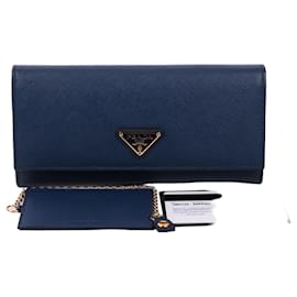 Cartera larga en Saffiano azul con logotipo triangle - Prada