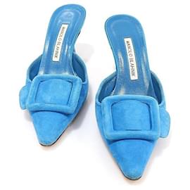 Manolo Blahnik Sandali Mule MAYSALE con fibbia in scamosciato blu da donna