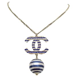 Perlenhalskette mit CC-Logo und blauen Streifen - Chanel