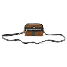 Gucci Mini tracolla WEB Ophidia in scamosciato marrone e pelle vernice nera