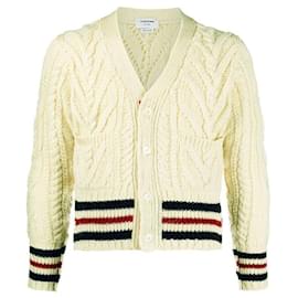 Kurzer Mohair-Cardigan mit Zopfmuster Elfenbein - Thom Browne